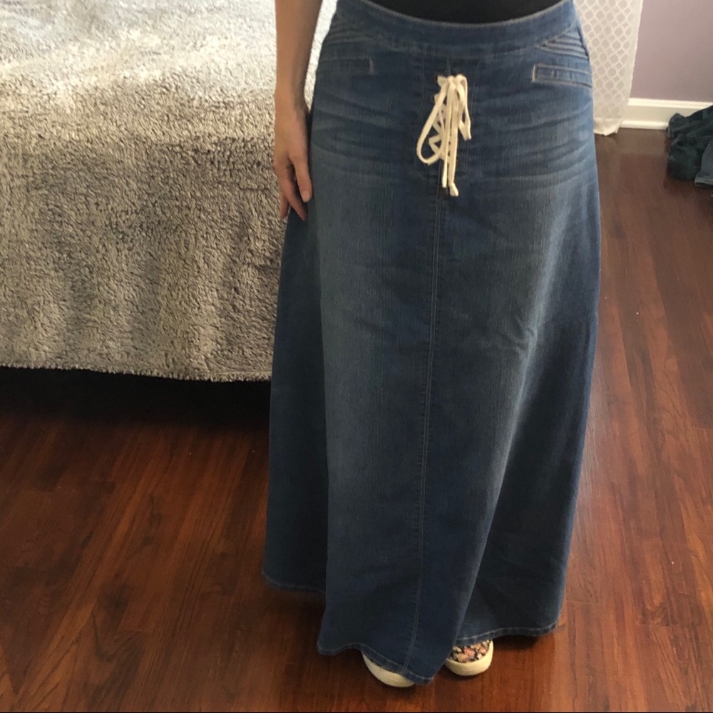 Style J Blue Denim Skirt long w/ tie front detail
